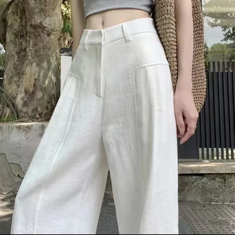 【金标+内衬+运费险】白色苎麻阔腿裤女高腰垂感老钱风西装亚麻裤