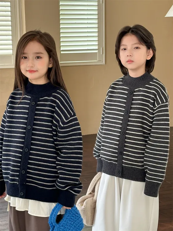 儿童加厚毛衣冬季新款男女童厚实条纹针织衫宝宝假两件毛线衣内搭