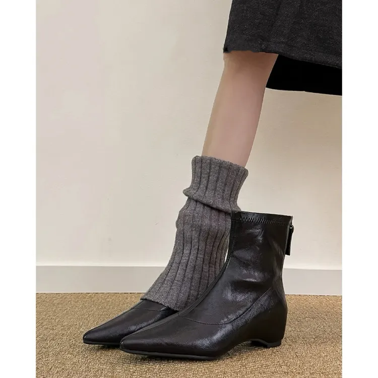 羊皮版~法式复古内增高尖头气质短靴女后拉链通勤显瘦坡跟瘦瘦靴