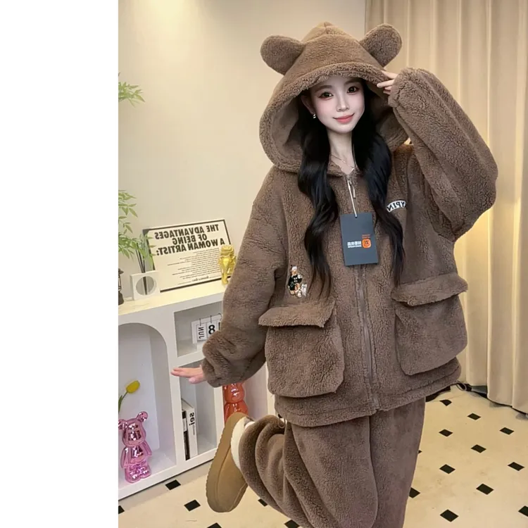 特特厚复合绒！Mis熊睡衣巨保暖情侣款连帽家居服可外穿