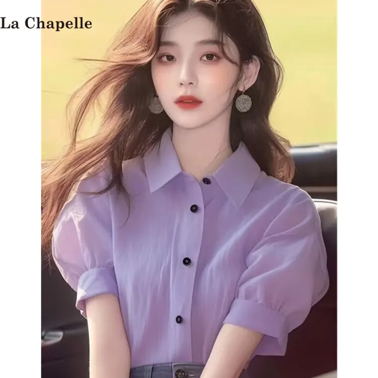 拉夏贝尔淡紫色Polo领泡泡衬衫女2025洋气独特别致短袖小衫上衣