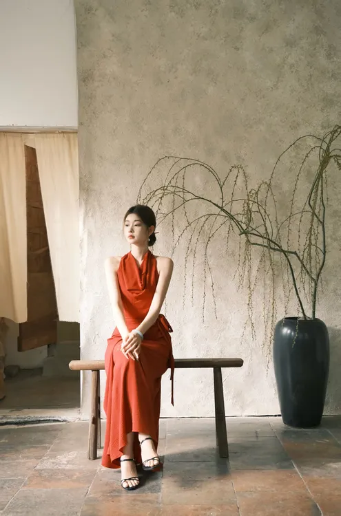 EIA一尧【观山月】复古买手松弛小众连衣裙假一片式设计感荡领长裙