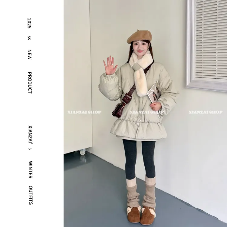 XIANZAI【韩系欧尼】冬季新款中长屁帘派克羽绒服短裙围脖三件套装