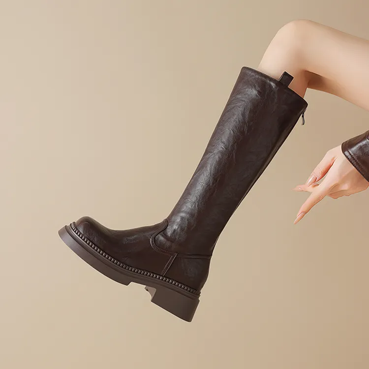 大筒围厚底长筒靴女靴加肥版大码40-41-43胖mm粗腿高筒棕色骑士靴