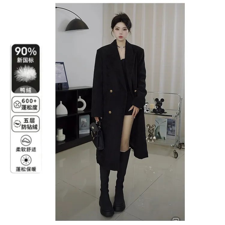 羽绒服女冬季新款高级感加厚保暖白鸭绒内胆黑色宽松显瘦西装大衣