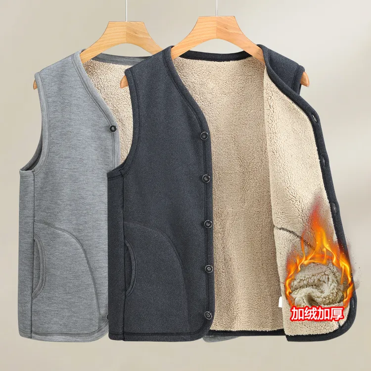 中老年爸爸装加绒厚款男士背心冬季保暖羊羔绒扣子款爷爷开衫马甲