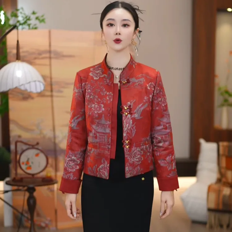 新中式风立领短款羽绒服女红色盘扣印花国风外套小个子爆款2025冬