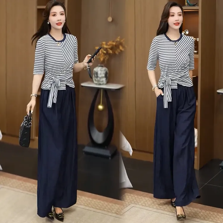 时尚套装女2025秋季新款洋气设计感减龄显瘦条纹上衣阔腿裤两件套