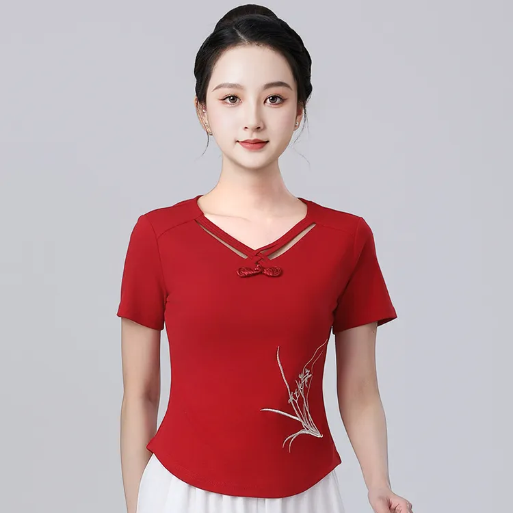 杨丽萍广场舞服装上衣夏季修身盘扣t恤新款刺绣运动体操跳舞衣服
