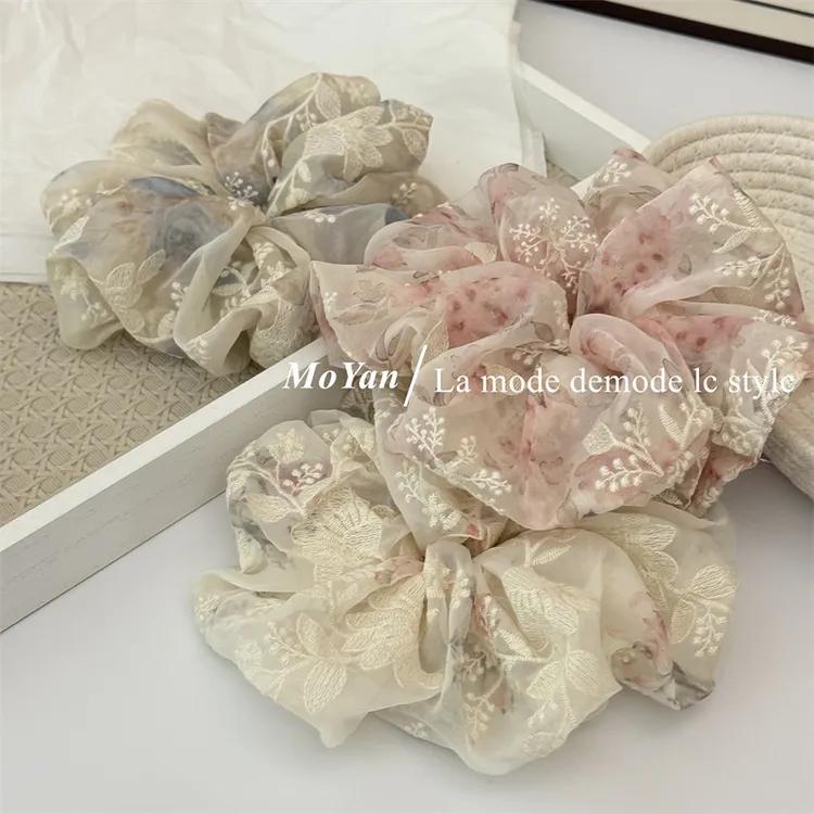 韩版刺绣花朵大肠发圈女高级感后脑勺马尾头绳网红气质发绳绑头花