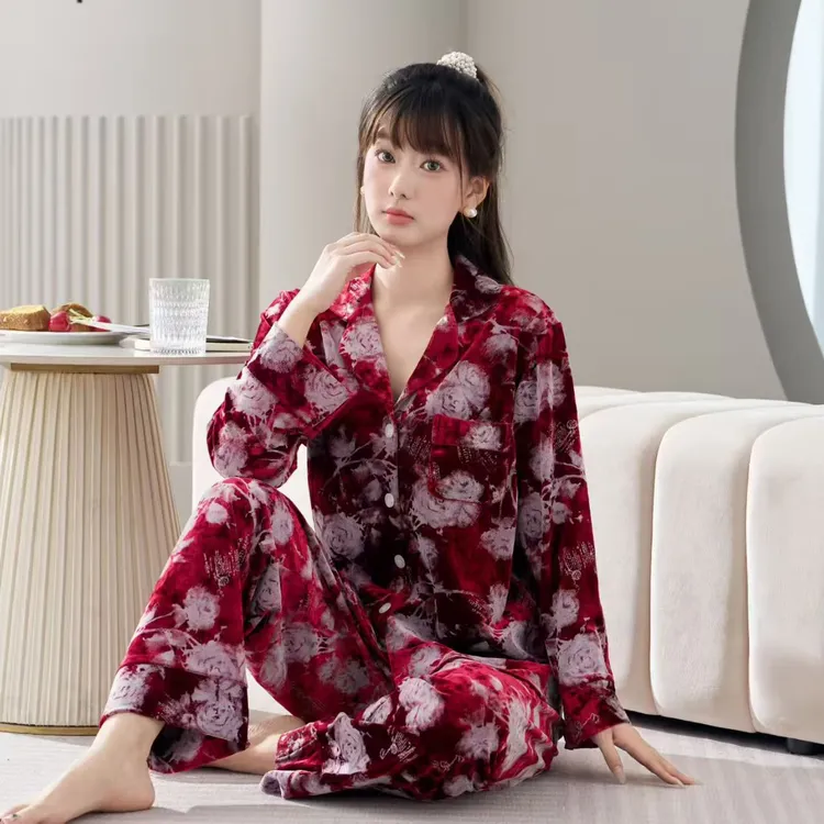 秋冬高定新款女士睡衣植绒套装家居服高奢玫瑰