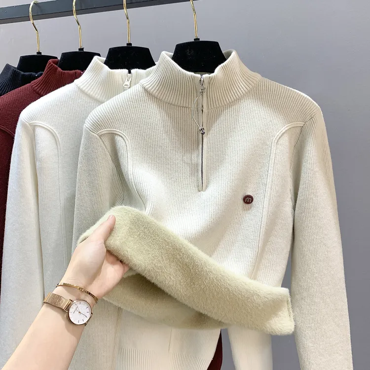 2025加绒加厚新款立领拉链洋气百搭套头保暖毛衣针织上衣女