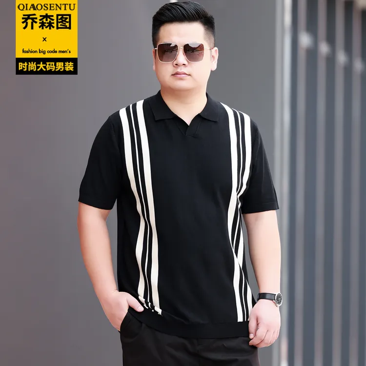 秋冬加肥加大码针织衫男士商务休闲竖条纹胖子宽松翻领POLO衫毛衣