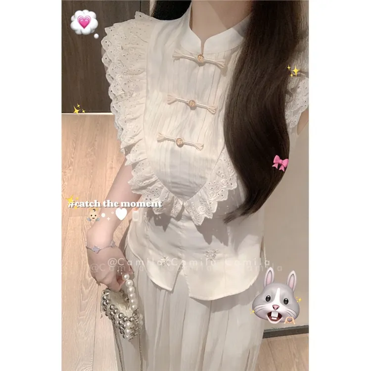 夏季设计感显瘦新中式国风蕾丝拼接盘扣刺绣上衣+开叉长裤套装女