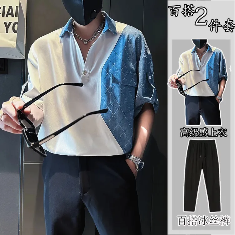 拼接牛仔短袖衬衫男夏季潮牌半截袖T恤痞帅POLO衫上衣ins撞色衬衣