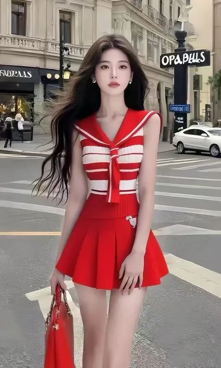 新款学院风时尚气质穿红色条纹设计感V领短袖修身连衣裙女装