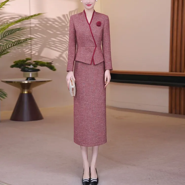 红色小香风连衣裙女2025冬新款复古气质高端优雅假两件连衣裙1977