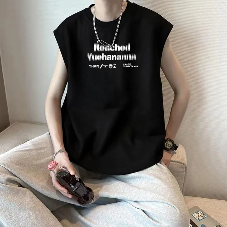 220g无袖背心男士夏季潮牌高街纯棉健身运动坎肩衣服打底短袖t恤