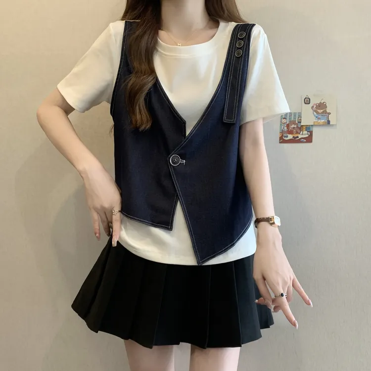 大码遮肚子设计感洋气假两件短袖t恤女夏季胖mm宽松显瘦百搭上衣