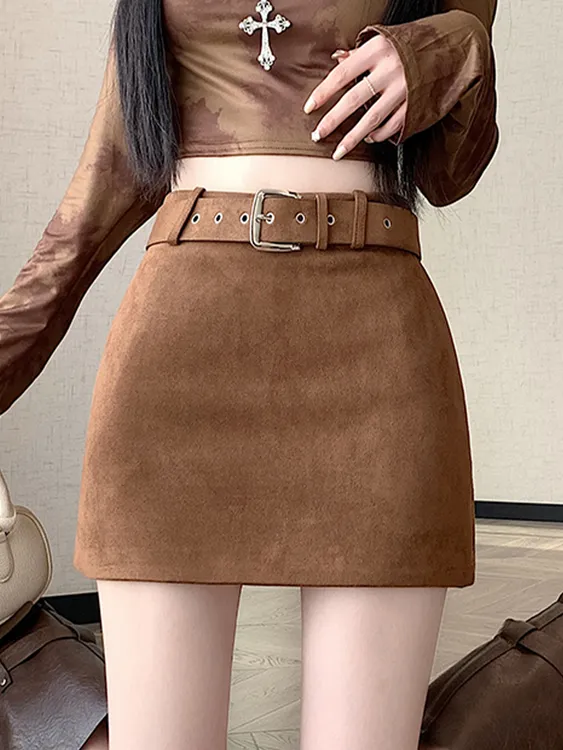 【配皮带】秋季新款复古气质麂皮绒半身裙女高腰修身a字包臀短裙