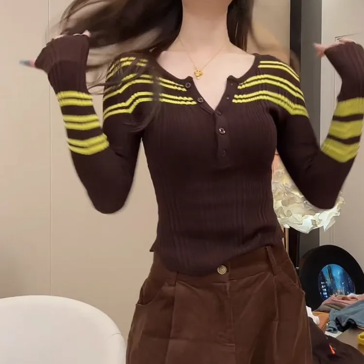 修身撞色条纹修身显瘦内搭毛衣女2025新款秋冬百搭长袖打底针织衫
