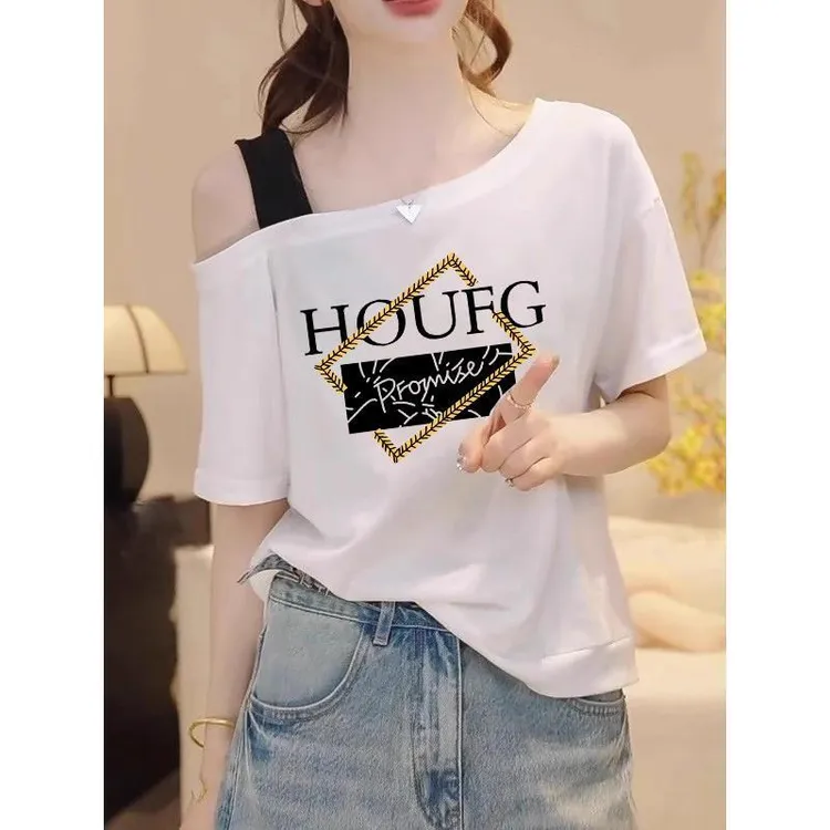 大码设计感撞色露肩斜领短袖T恤女夏季胖MM韩版宽松时尚休闲上衣