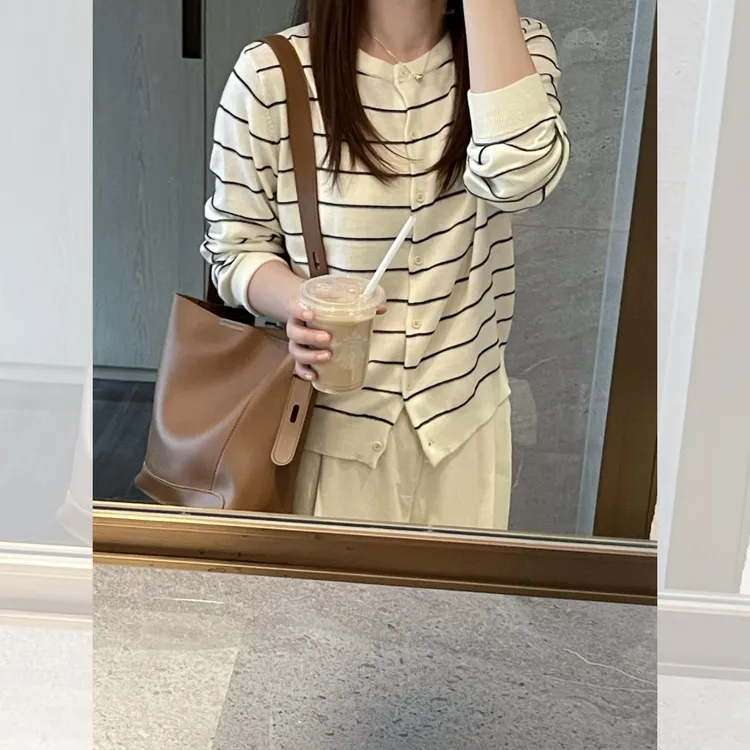 韩系氛围感早秋季穿搭条纹针织开衫外套女秋春单穿慵懒风长袖上衣