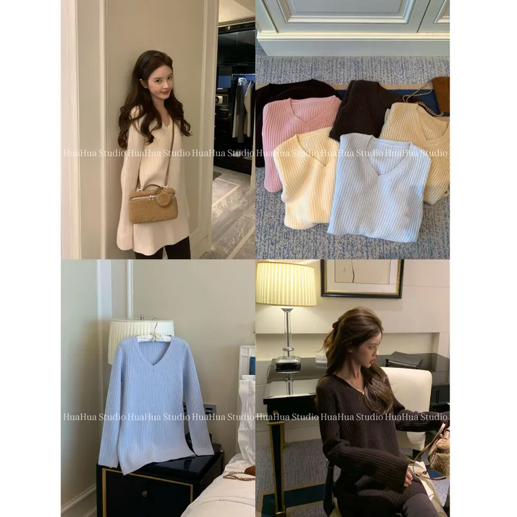 【花花】温暖底牌~韩系v领100羊毛中长款细针长袖针织衫显瘦打底衫