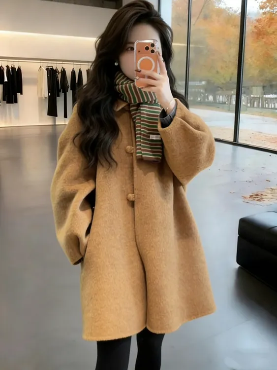 棕色外套宽松翻领2025秋冬新款毛呢外套时尚韩版百搭洋气毛呢大衣