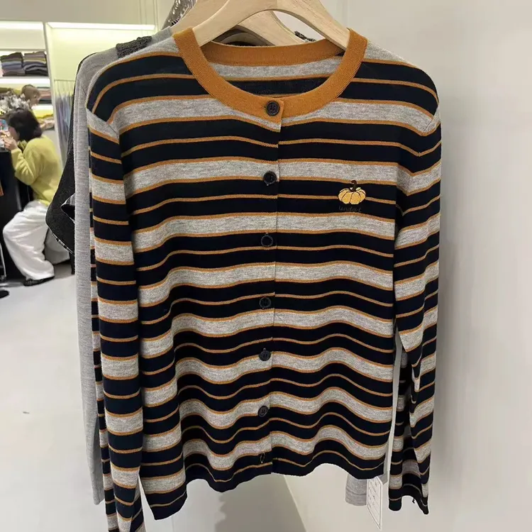 2025秋季新款欧货超细羊毛圆领长袖橙色领口南瓜刺绣桔色条纹开衫