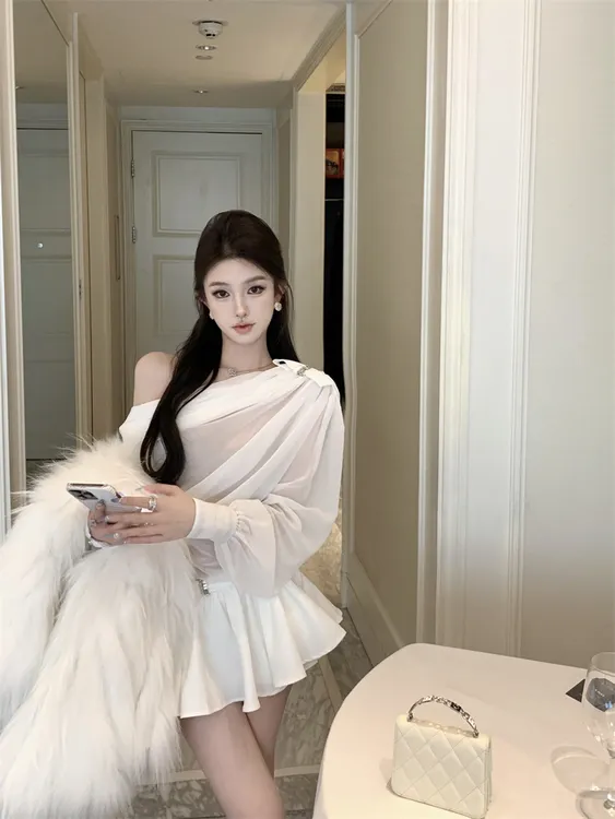 2025夏季花苞裙裤辣妹纯欲风蝴蝶结斜肩抽皱上衣百褶半身裙套装