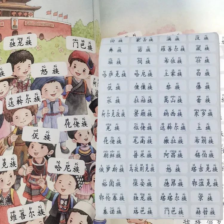 56个名族名称贴纸一年级最新带拼音儿童益智名族人物标签diy贴画