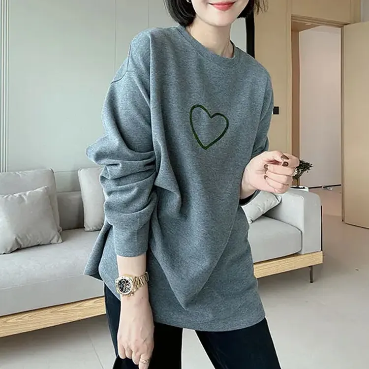 慵懒风爱心印花圆领长袖T恤女春秋小个子时尚宽松内搭中长款上衣