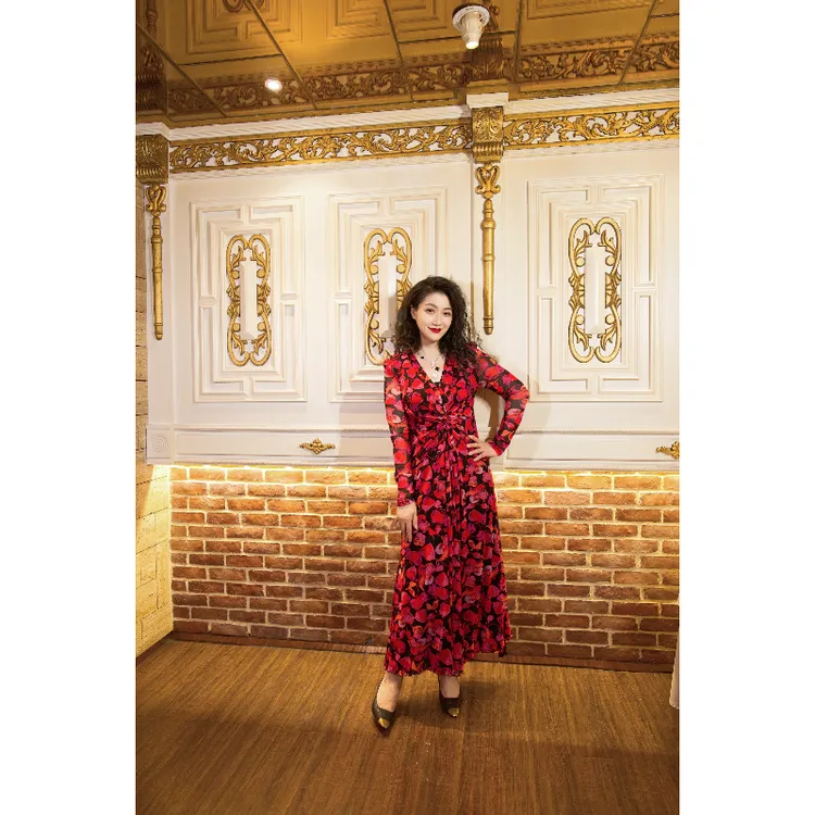 六丑【红粉世家】新款时尚气质红树叶印花弹力网纱连衣裙406LYQ0545