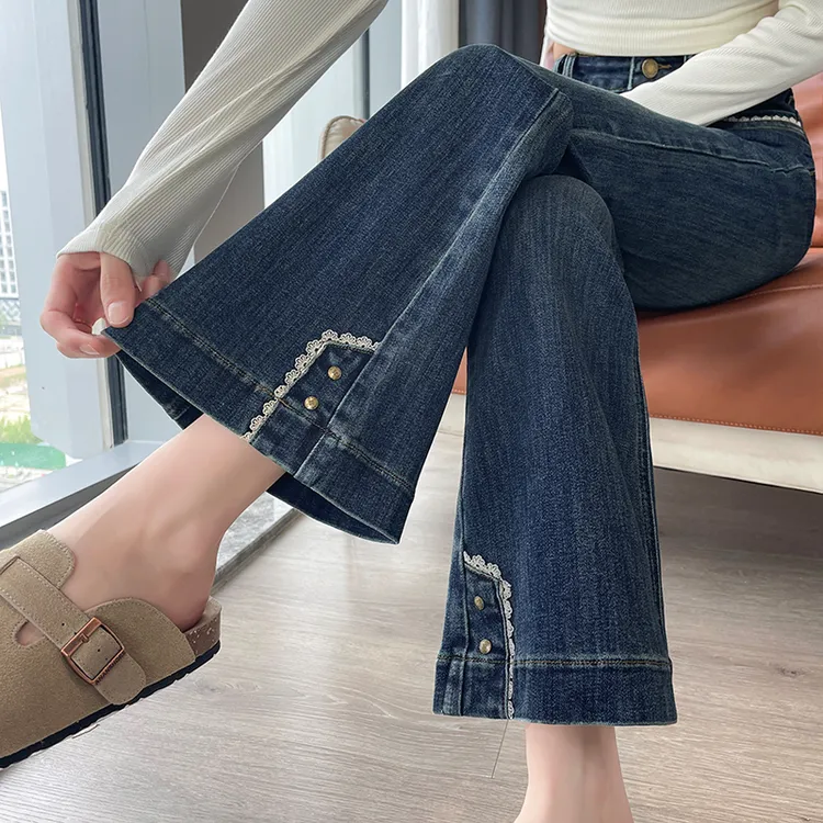 国风花边高腰微喇牛仔裤女2025秋季新款显瘦弹力小个子九分马蹄裤