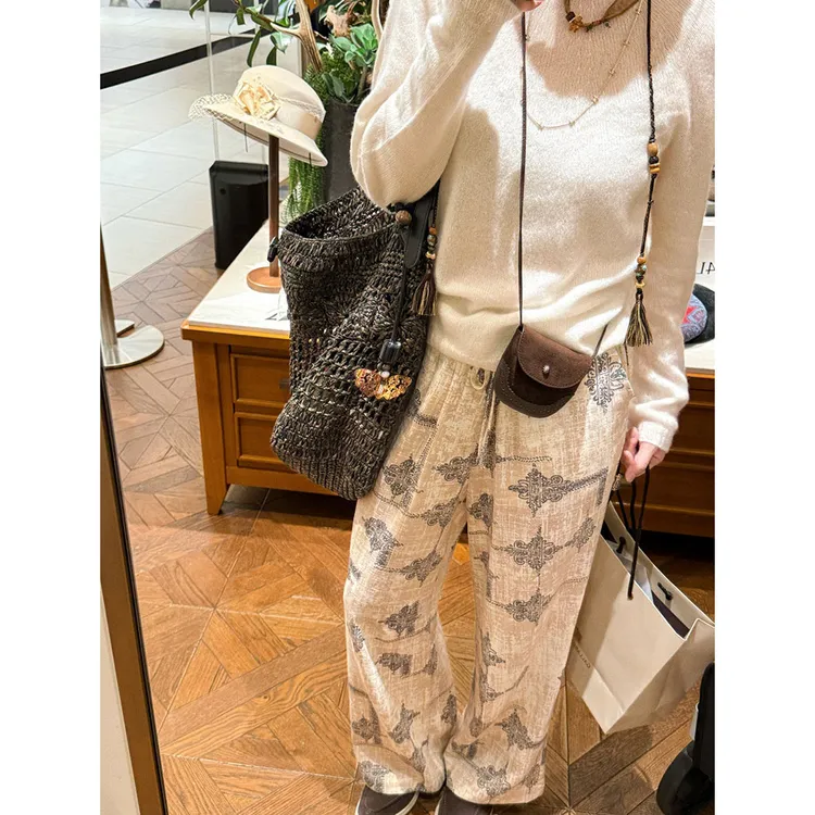 【MGDM】早秋的浪漫！高级感雨露亚麻法式印花宽松松紧阔腿休闲裤女