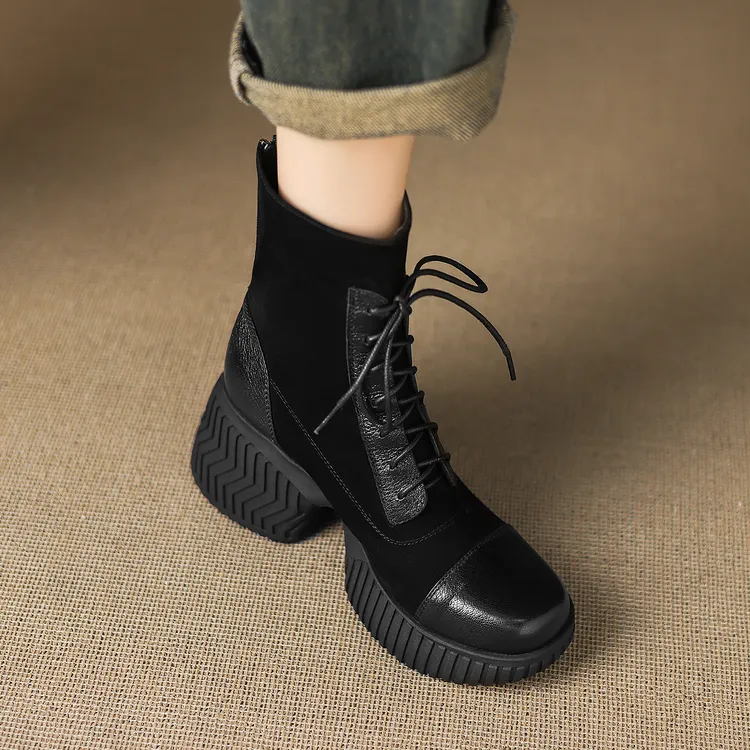 小个子增高8cm~冬季女厚底马丁靴休闲风拼接系带高跟短靴百搭靴子