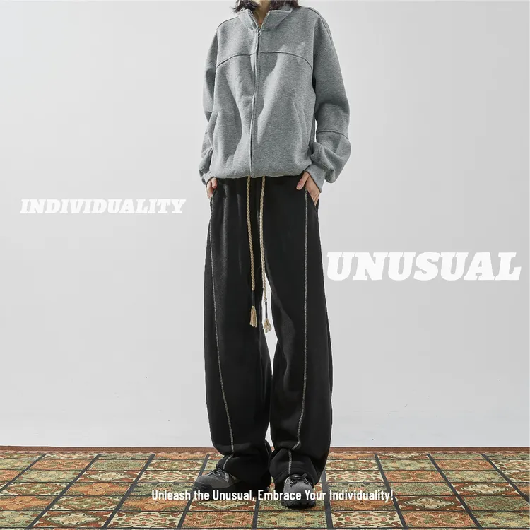 Unusual冬季拼接中弹保暖长裤纯色休闲裤卫裤运动美式秋冬