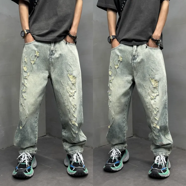 2025夏季男士破洞复古怀旧蓝牛仔裤潮流痞帅宽松刮烂乞丐哈伦长裤