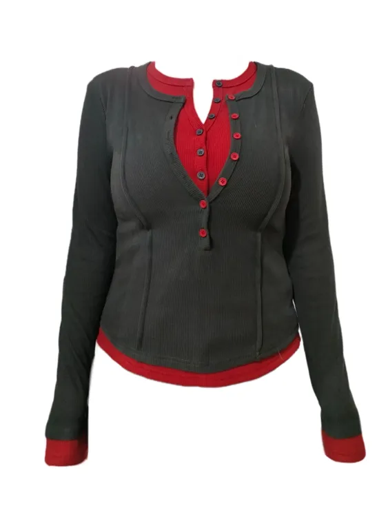 Amy家 微胖mm秋冬季设计感假两件上衣女撞色修身显瘦针织打底衫女