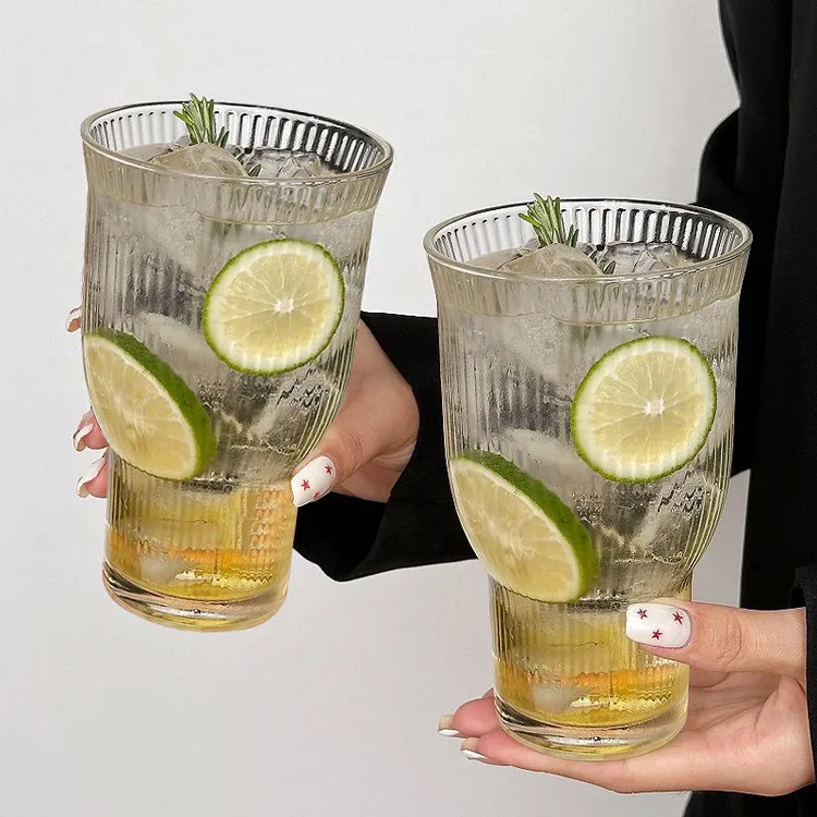 竖纹玻璃喇叭杯宽口果茶杯大容量玻璃杯奶茶饮品水杯果汁冷饮杯