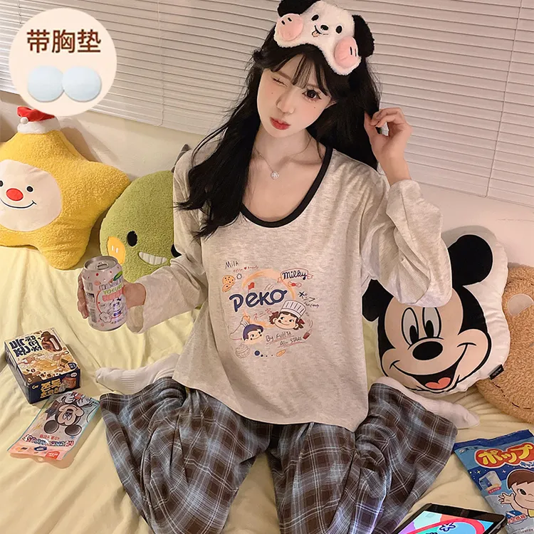 春秋季带胸垫睡衣女款长袖薄款甜美可爱卡通秋冬慵懒家居服可外穿
