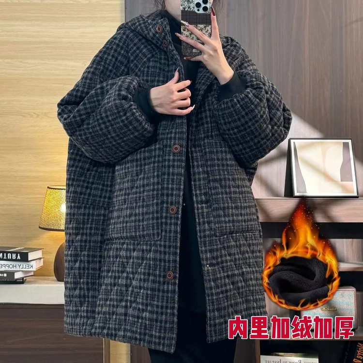 【璐璐家】冬季新款复古文艺格子连帽中长款菱格加绒加厚保暖棉服