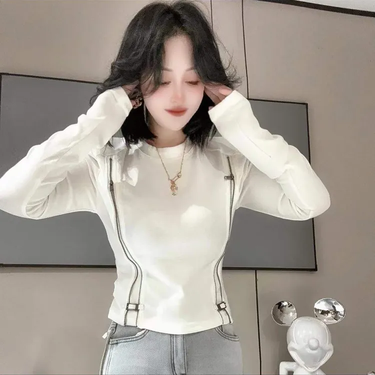 韩版2025秋冬新款设计感双拉链长袖T恤女百搭洋气小众圆领上衣ins