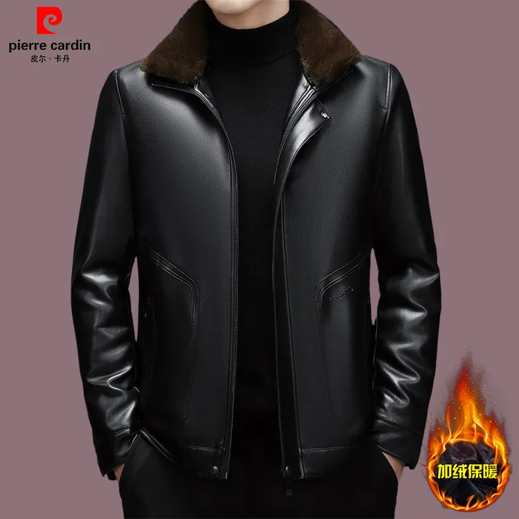 皮尔卡丹/高档男士商务休闲皮夹克中年冬季加绒保暖毛领皮衣外套
