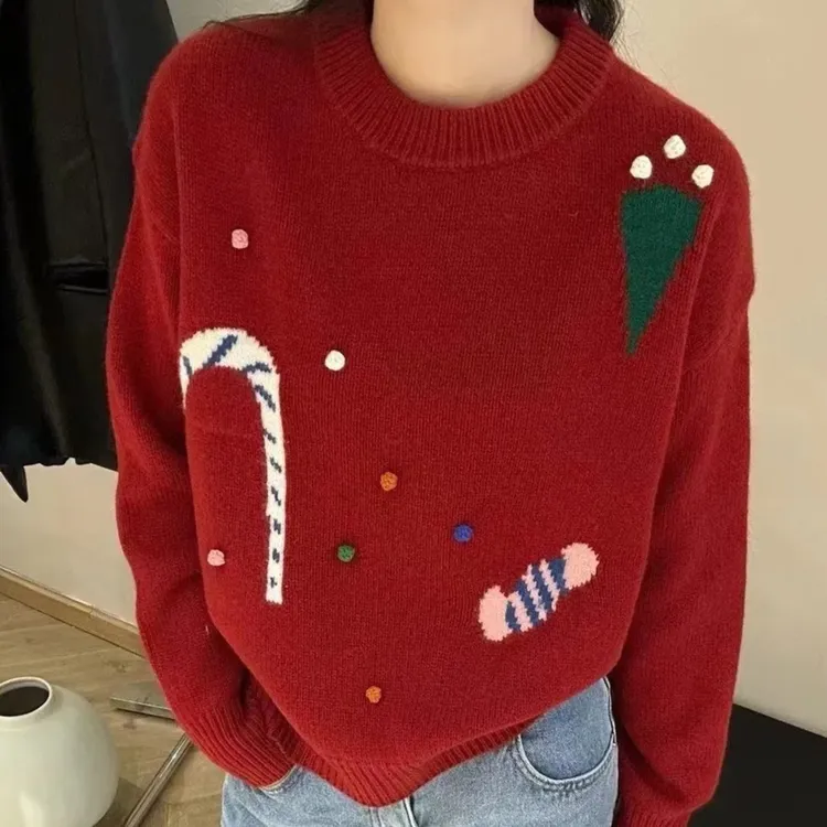 【圣诞提花-红色】厚款常规款长袖少女风毛针织衫圆领针织