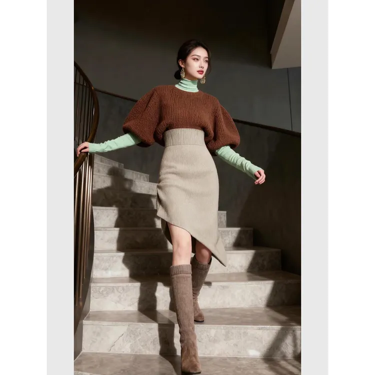 超好看时尚高级感洋气棕色毛衣绿色内搭米驼色高腰半身裙秋季套装