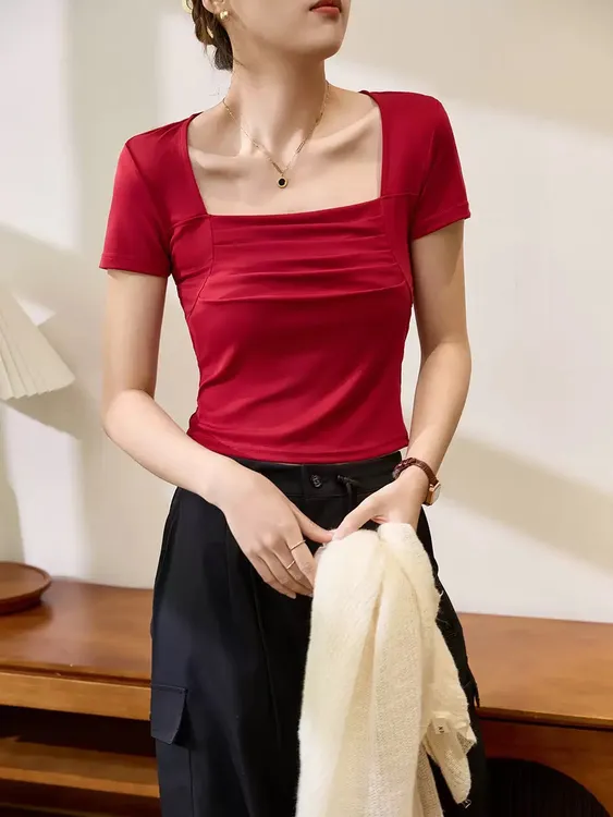 多巴胺衣橱387#显瘦方领t恤女夏短袖正肩修身上衣2025新款气质