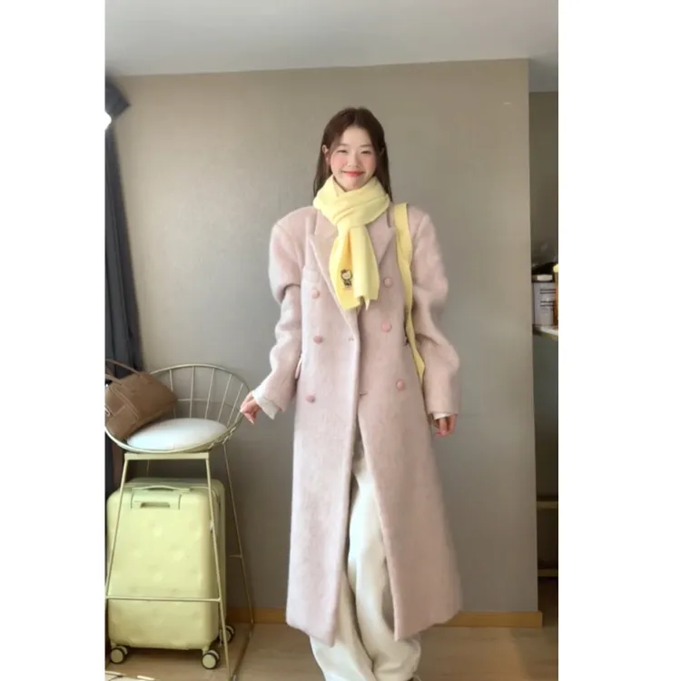呢子大衣女秋冬季2025年新款高级感毛呢小个子粉色外套赫本风加厚