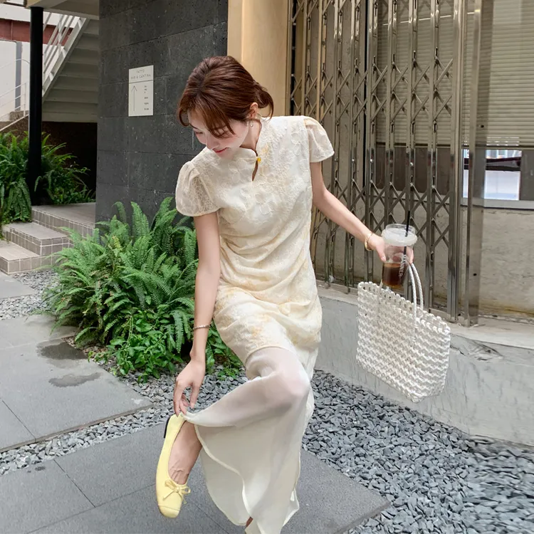 新中式国风刺绣扎染拼接连衣裙2025夏季新款优雅气质改良式旗袍裙